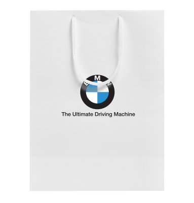 Бумажный подарочный пакет BMW, белый, размер M: 23 х 35 х 10 см.